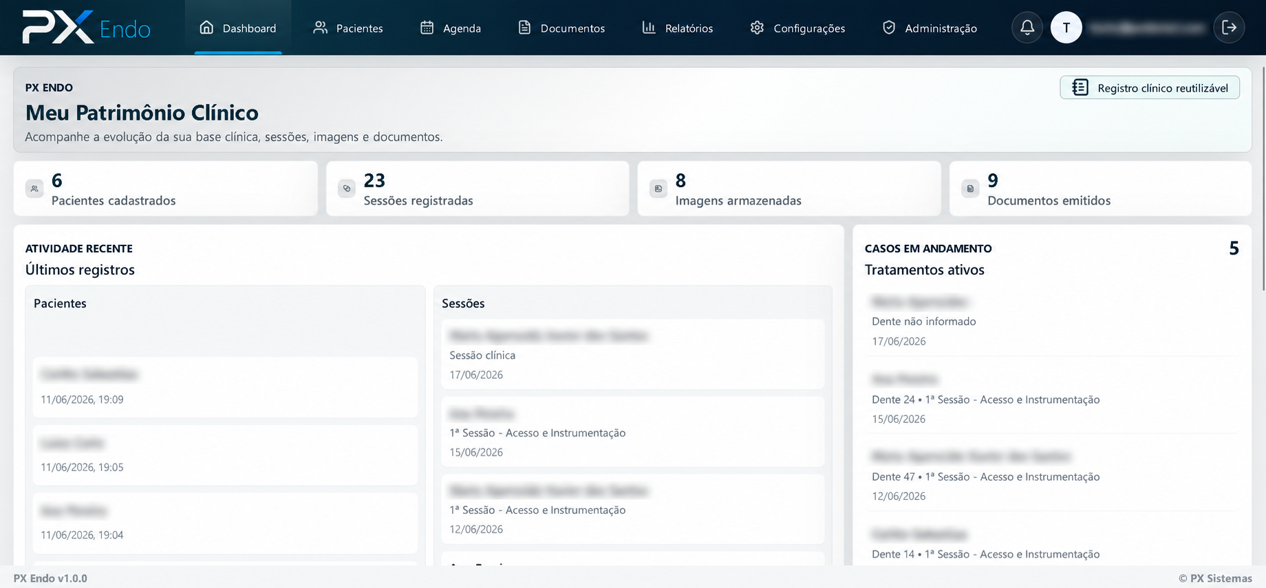 Dashboard do PX Endo com indicadores do patrimônio clínico